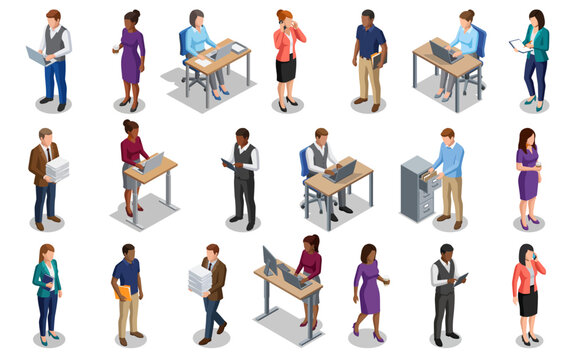 Office workers team collection | professional business staff in varied tasks | corporate employees set working at desks | isometric vector style
