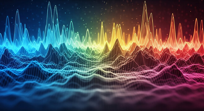 A vibrant spectrum of data visualization peaks and valleys across a gradient terrain