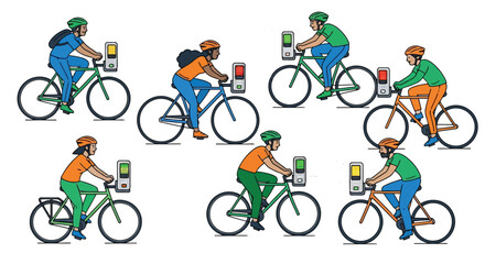 Fototapeta premium Diverse group of people cycling and using bike share stations isolated on white background