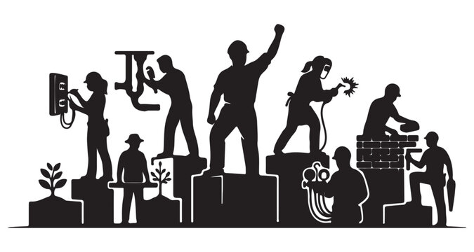 Industrial construction workers silhouette vector, diverse skilled trades people group, manual labor and building industry professionals on white background