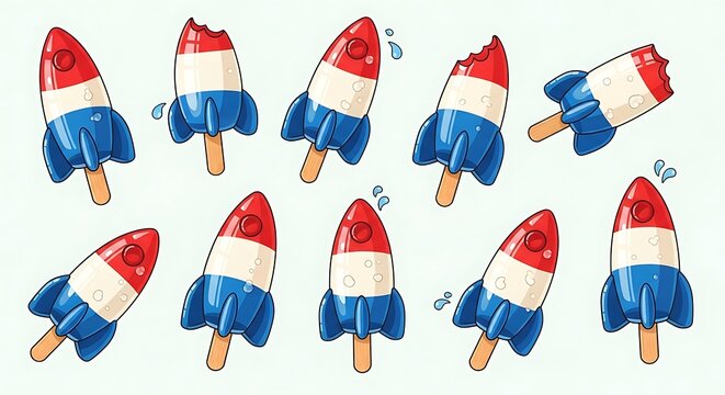 Collection of frozen novelty treats shaped like rockets displayed in various orientations