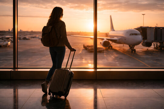 Female traveler with suitcase walking in airport terminal at sunset, preparing for flight and journey, travel lifestyle concept.