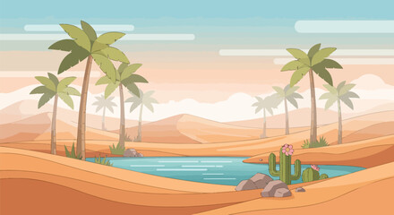 Obraz premium Desert Oasis with Palm Trees, Cacti, and Dunes, Flat Design
