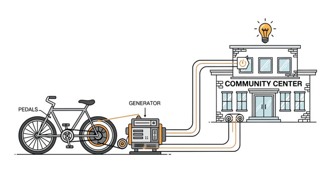 Bicycle generator powering community center with light bulb illustration isolated on white background
