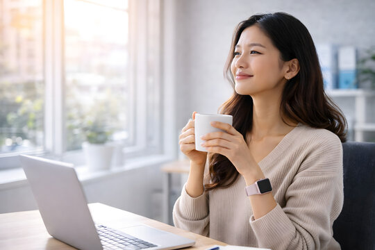 Young woman enjoying coffee while working on laptop near window, calm morning routine and productivity lifestyle concept.