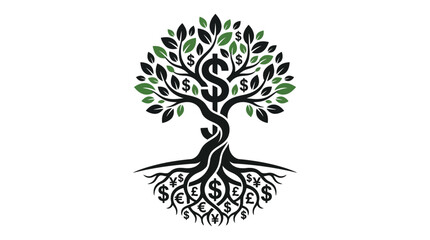 Obraz premium Money Tree with Dollar Sign Leaves and Roots on Isolated White Background, Financial Growth Concept