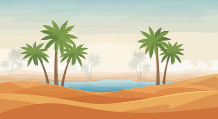 Obraz premium Desert Oasis Scene with Palm Trees and Sand Dunes