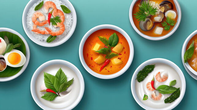 Variety of thai cuisine, including spicy curries, coconut milk soup, and seafood dishes presented in white bowls on a teal background, ready to be savored.