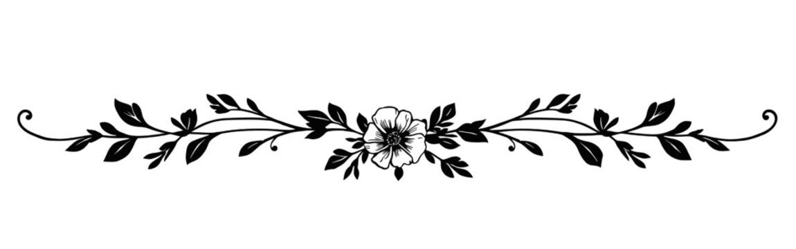 minimal floral divider silhouette with leaves and central flower simple botanical border black vector illustration isolated on white background