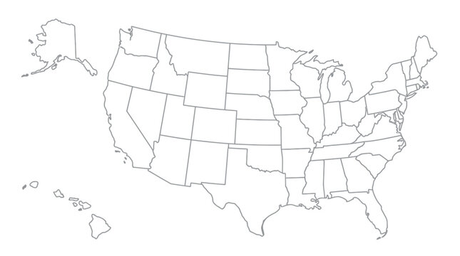 A simple black and white outline map of the United States of America, including Alaska and Hawaii, showing state borders.