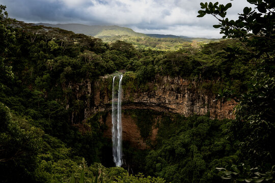 The double waterfall of Chamarel, flowing down from a dense jungle in Mauritius island