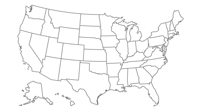 Black and white outline map of the United States showing all 50 states and their internal borders.
