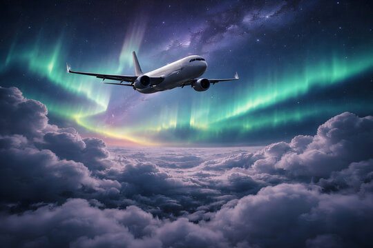 Passenger airplane flying above clouds with vibrant northern lights in sky, creating dramatic and surreal travel and aviation scene.