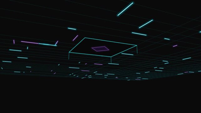 Concept: Abstract Cybernetic Core Activates in a Dark Virtual Realm Launching Neon Light Particles across a Three-Dimensional Digital Grid.