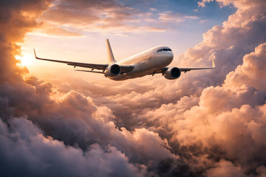 Commercial airplane soaring above clouds in warm sunset light, representing air travel, freedom, journey and global transportation.