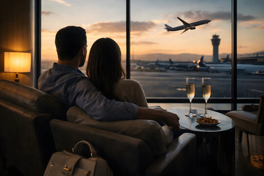 Romantic couple relaxing in airport lounge with champagne, watching airplane takeoff during sunset before their journey together.