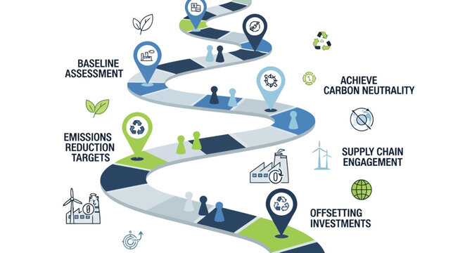 Carbon neutrality roadmap illustration with steps and icons isolated on white background
