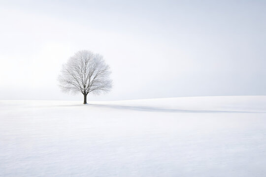 Single bare tree standing in vast snowy field under soft fog, creating minimal winter scene with solitude and calm atmosphere.