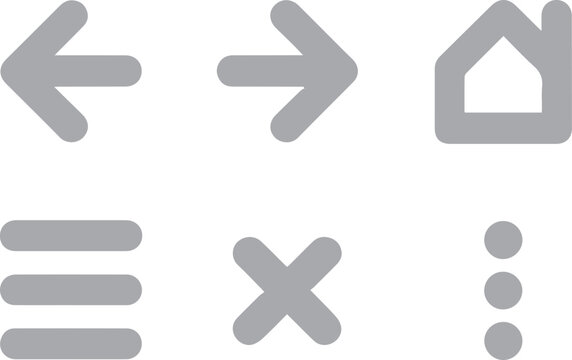 Navigation symbols featuring directional arrows, a house icon, a menu list, and a close button are arranged on a clean background.