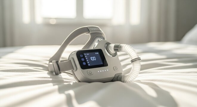 CPAP machine on a white bed with morning light, a device for sleep apnea treatment