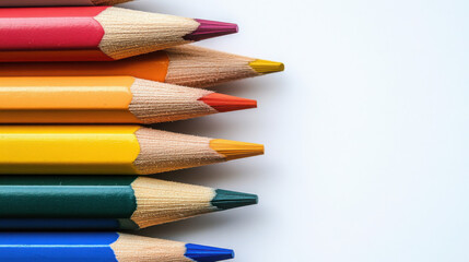 Fototapeta premium Close-up of Assorted Vibrant Colored Pencils Arranged in a Row on White Background