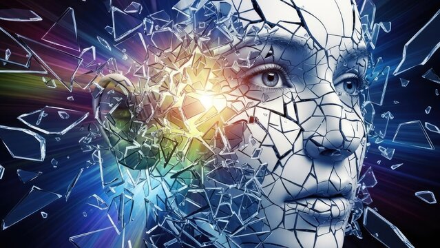 A futuristic illustration of a woman's face with a shattered glass effect