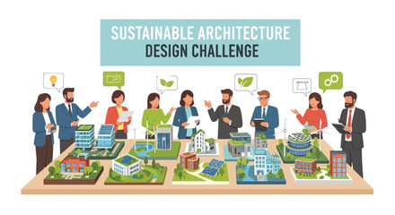 Naklejka premium Group of people collaborating on sustainable architecture design concepts illustration isolated on white background