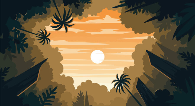 Tropical jungle sunset, vibrant orange sky, palm trees silhouette, lush forest canopy