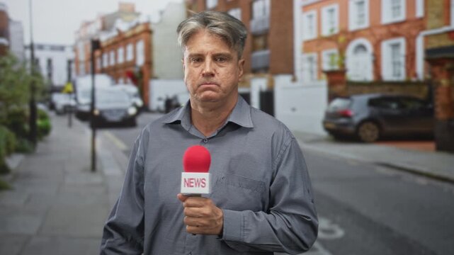 Man holding red microphone with bare hand facing camera and speaking on street by brick building and parked car; serious reporting.