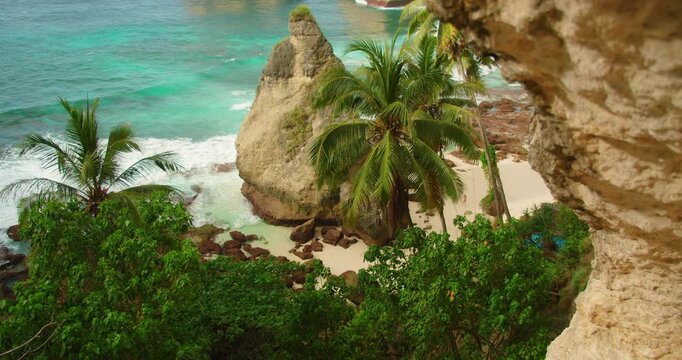Palm trees and limestone rocks frame the turquoise ocean view at Diamond Beach in Nusa Penida Bali