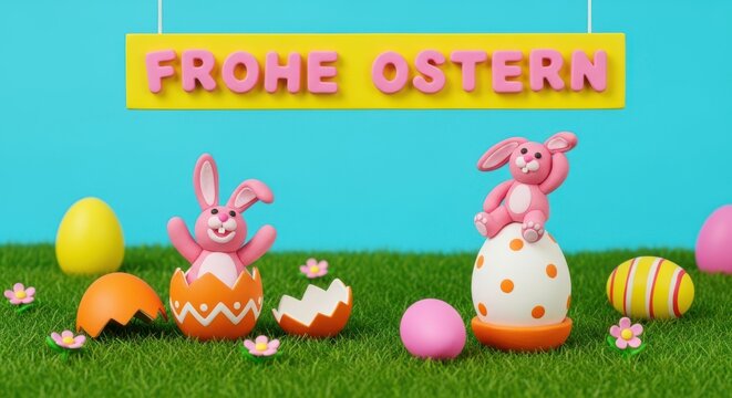 Easter greeting card with cute clay bunnies, colorful eggs and flowers on green grass against a blue background