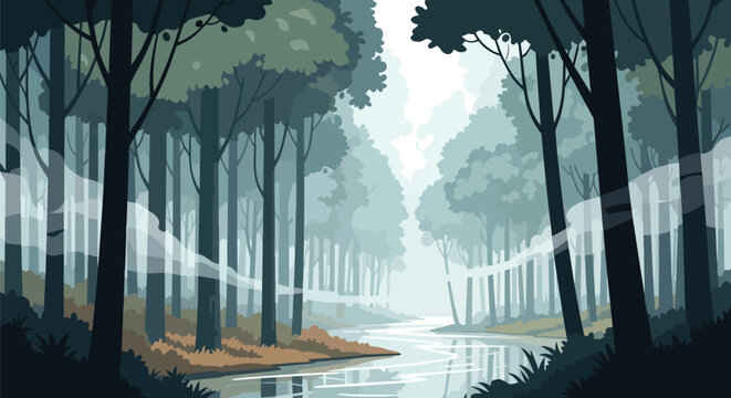 Misty forest landscape with a winding river and tall trees, atmospheric woodland scene