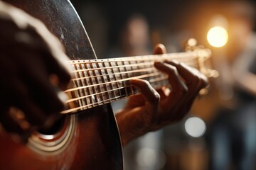 Fototapeta premium Fingertips Plucking Acoustic Guitar Strings on Stage with Softly Blurred Singer in Background