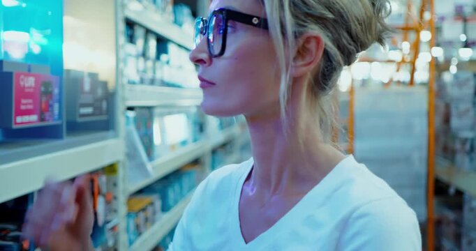 Woman Contemplating Products in Supermarket Aisle