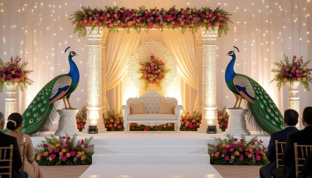 Sri Lankan wedding stage decoration with peacock carvings and floral accents