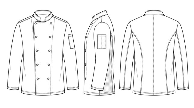 Chef Jacket Professional Workwear Fashion Technical Drawing, Culinary Uniform Multi-View Line Art Vector
