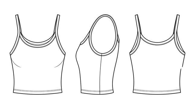 Crop Tank Top Fashion Technical Drawing, Women's Summer Activewear Multi-View Line Art Vector