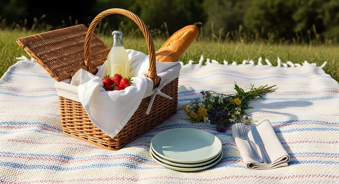 Charming picnic scene with wicker basket wine and fresh baguette