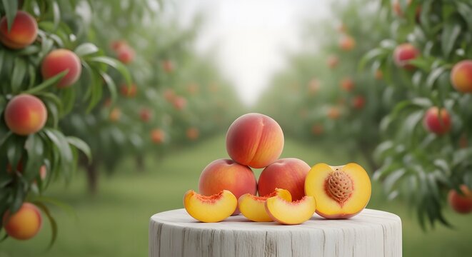 Ripe peaches on a stump a summer orchard still life