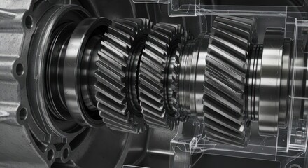 Fototapeta premium Close up of a complex mechanical gearbox with visible gears and shafts in a transparent housing.