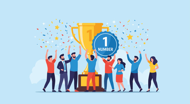 Group of diverse people celebrate their victory by raising their hands around a giant gold trophy cup with confetti and number one badge.