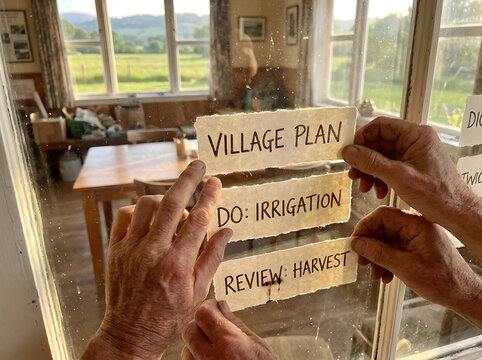 Hands collaboratively hold handwritten notes outlining a village's agricultural strategy, emphasizing tasks such as irrigation and harvest, against a backdrop of rural landscape