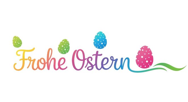 Frohe ostern greeting card with colorful gradient text and decorated easter eggs isolated on white background