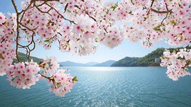 Spring Scenery of Cherry Blossom Lake, Soft Pink Petals, Natural Landscape