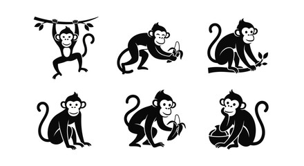 Fototapeta premium Set of six playful monkey illustrations in black and white, various poses