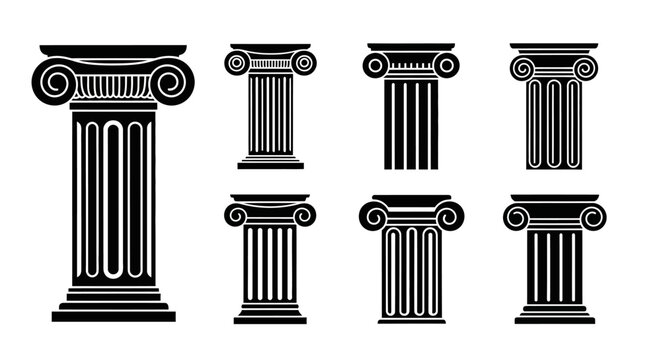 Set of Greek Ionic Columns, Ancient Architectural Elements, Vector Icons