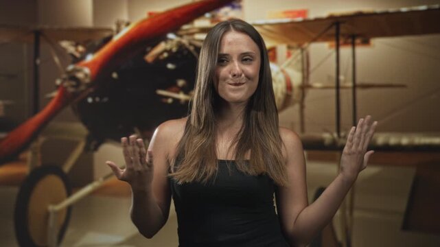 Brunette young woman in black tank top with palms up gesture in front of vintage biplane inside studio set; playful curiosity.