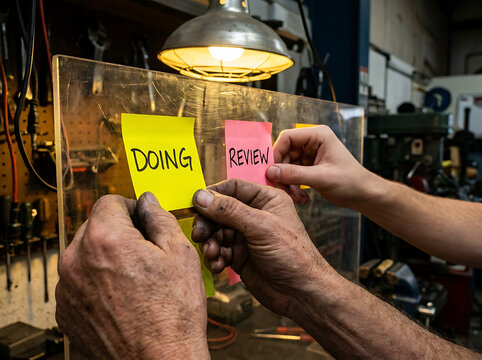 Hands place 'DOING' and 'REVIEW' sticky notes on a clear board, managing tasks and visualizing workflow in a workshop setting