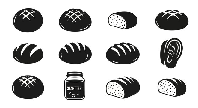Artistic Bread Icons: Assortment of Baked Goods and Starter Jar