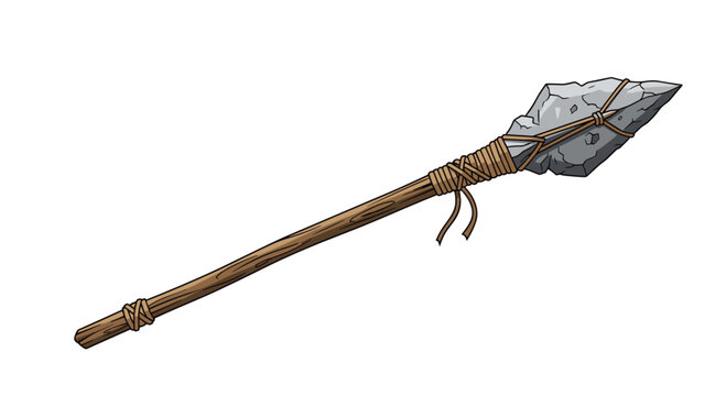 Primitive ancient spear with a sharp stone tip and a long wooden shaft tied together with cords for hunting or defense.